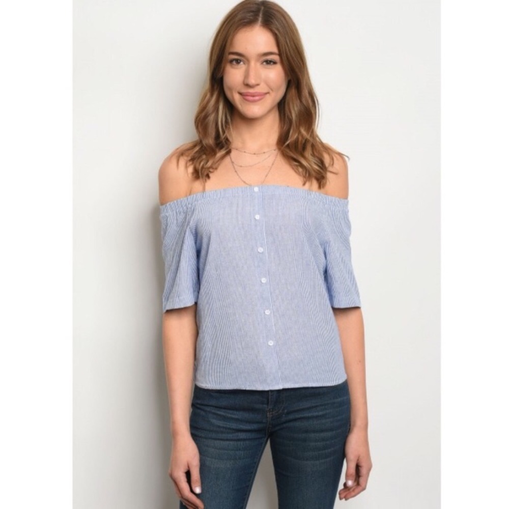 💖Blue Striped Off The Shoulder Top S-M-L💖 - Picture 3 of 6